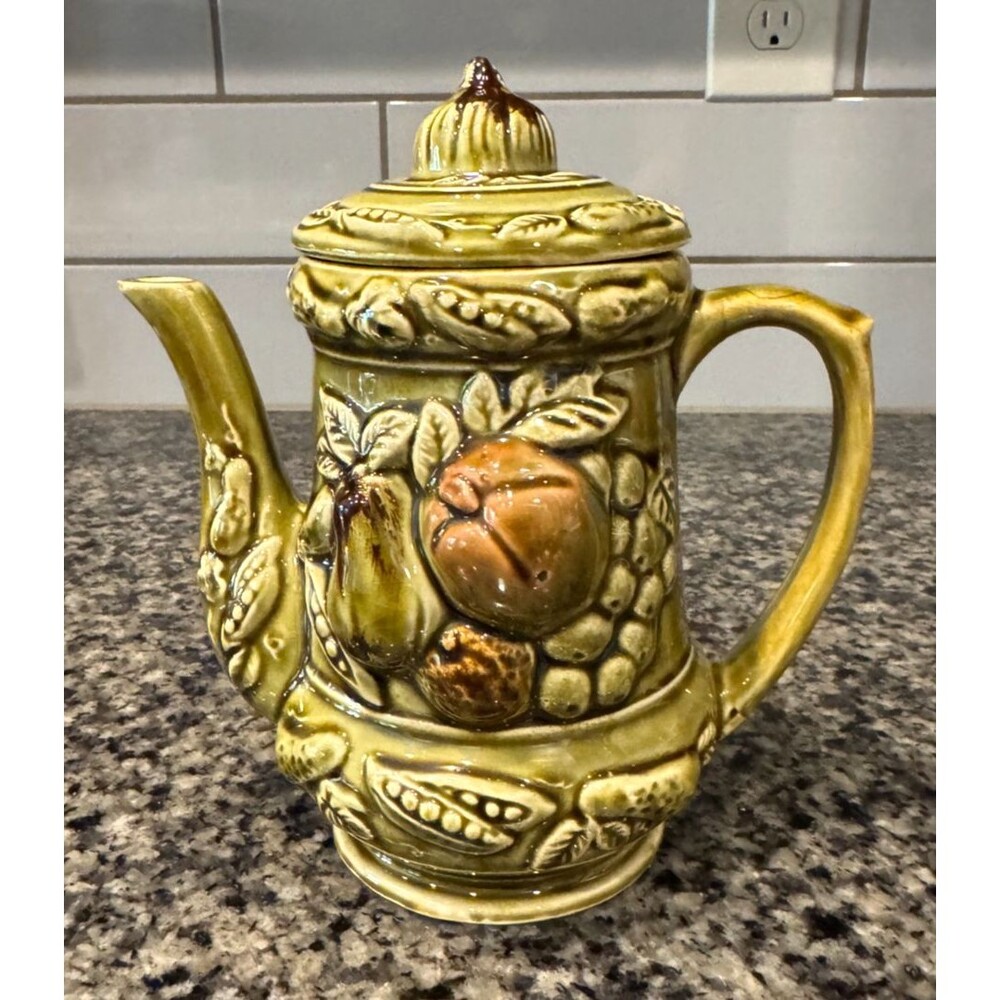Vtg MCM Tilso Avocado Green Glazed Fruit Motiff Ceramic Tea Pot w Lid Japan